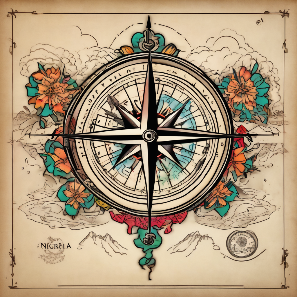 Compass on the back of the palm in the shape of Nigeria with longitude written on the top and latitude written on the bottom. Draw lines from a treasure map connecting from the arm to the tattoo drake tattoos, design de tatouage Japonais généré par IA